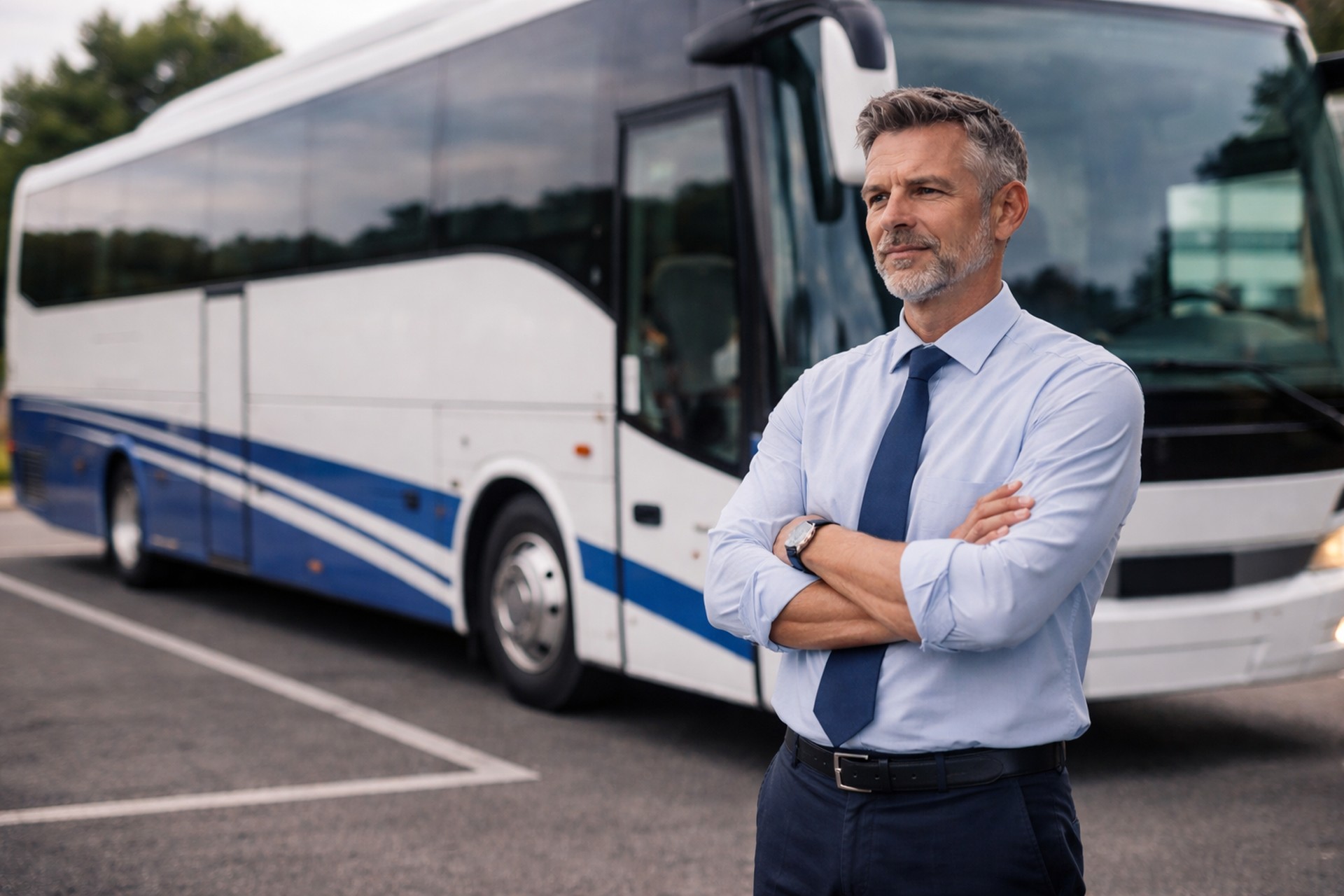 Reisebusfahrer am Steuer eines modernen Reisebusses