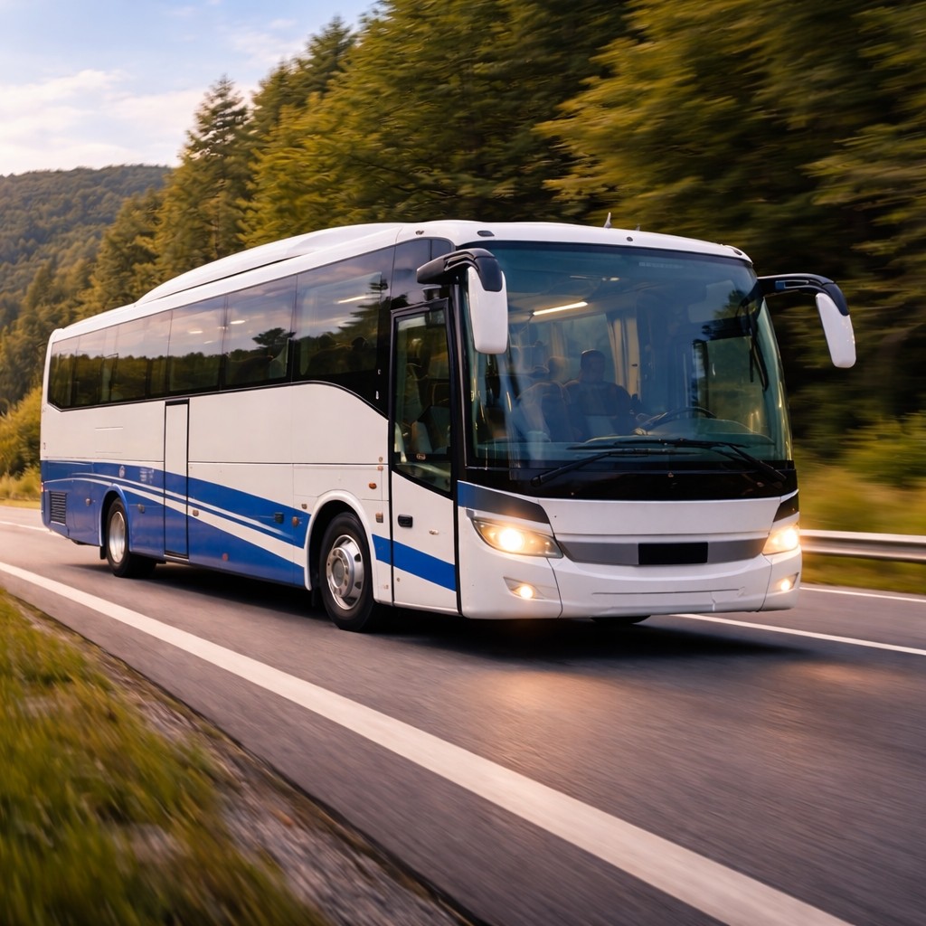 Fotorealistisches Icon: Reisebus auf Autobahn