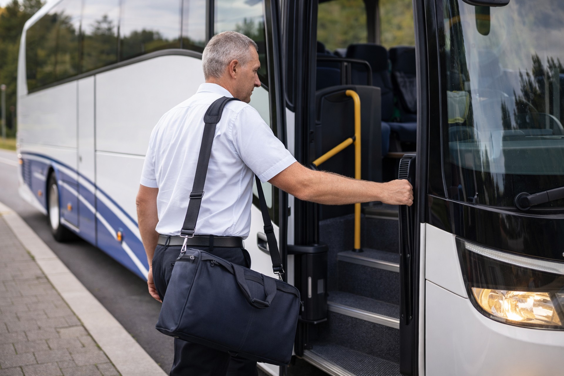 Übergabe von Unterlagen am Reisebus
