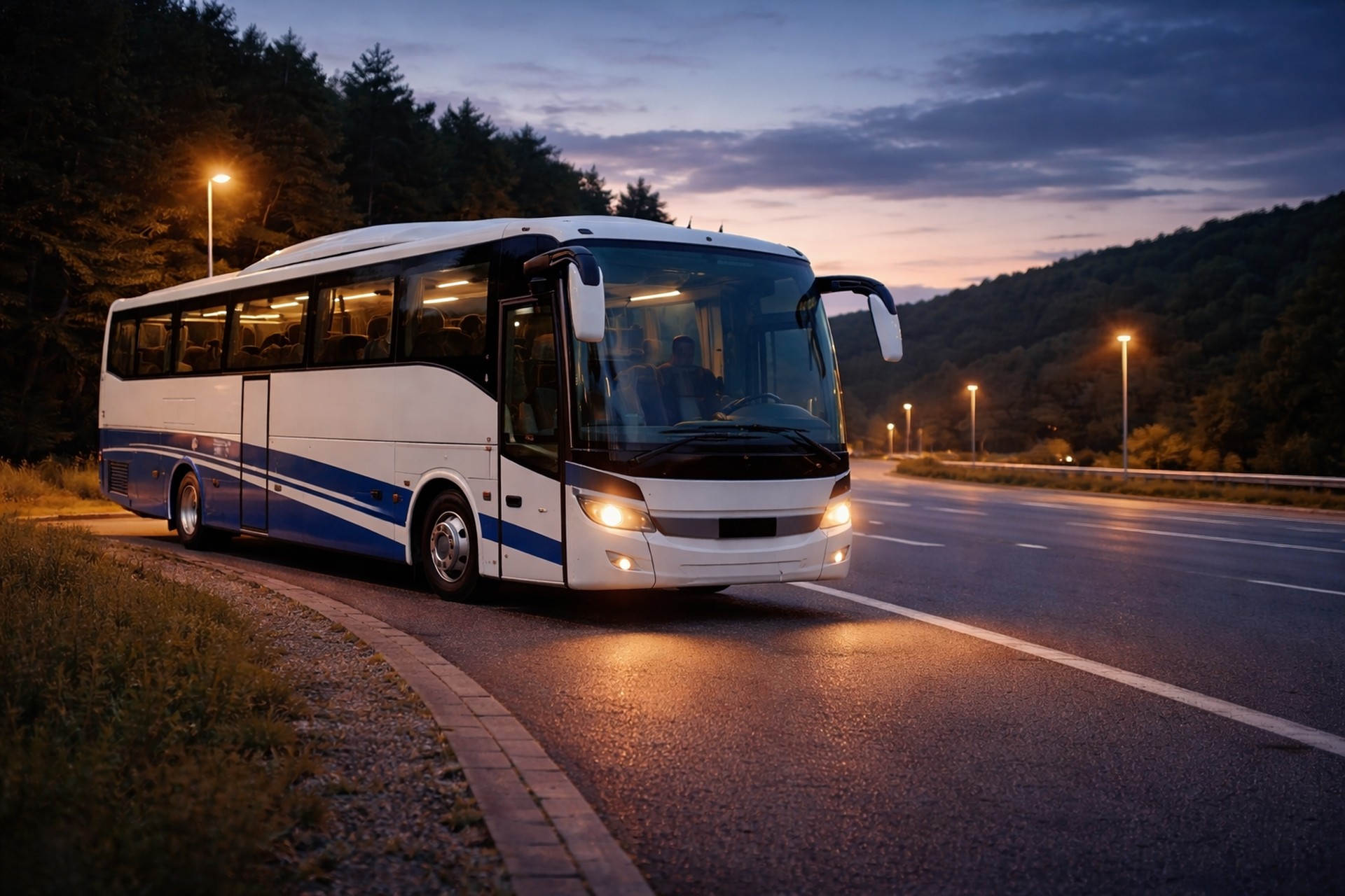 Reisebus am Abend auf Parkplatz